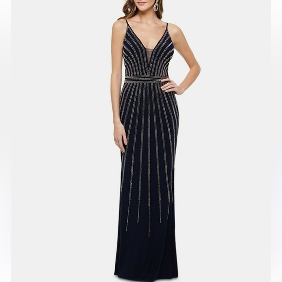 Xscape Dresses & Skirts - Xscape Beaded Evening Gown, Dark Navy Blue, Deep V, Sheath, Thin Straps, Size 2